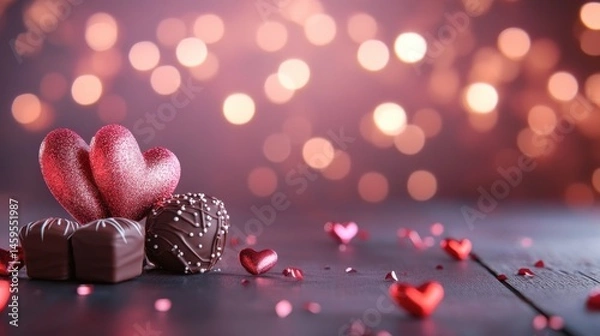 Fototapeta  A glittery pink heart surrounded by assorted chocolates with a blurred bokeh background.