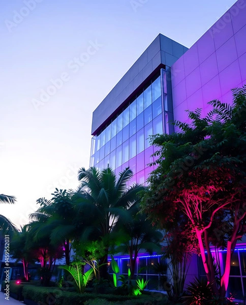 Obraz modern brutalism building with lush greenery, created by generative ai