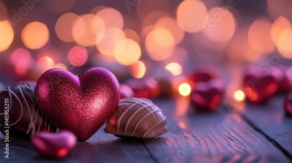 Fototapeta  A glittery pink heart surrounded by assorted chocolates with a blurred bokeh background.