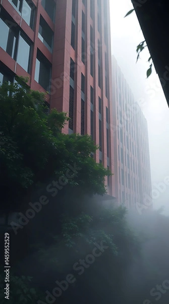Obraz modern brutalism building with lush greenery, created by generative ai