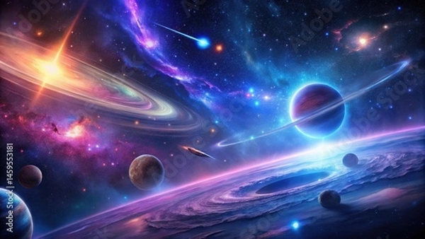 Fototapeta A Cosmic Ballet Planets, Nebulae, and a Lone Spaceship Journey Through the Vibrant Expanse of the Universe