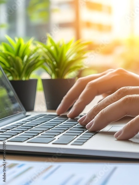 Fototapeta Hands typing on laptop keyboard, near plants and documents