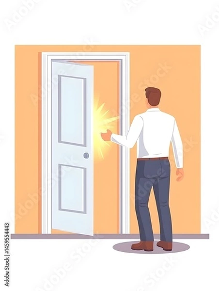 Fototapeta Man reaches for bright light emanating from open door