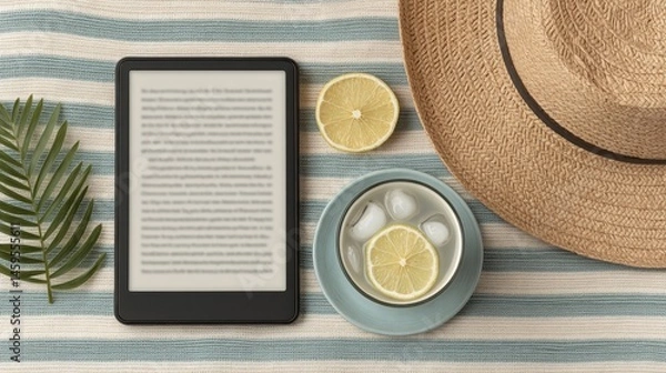 Fototapeta Relaxing summer scene with an ebook reader, drink, hat, and lemon on striped cloth.