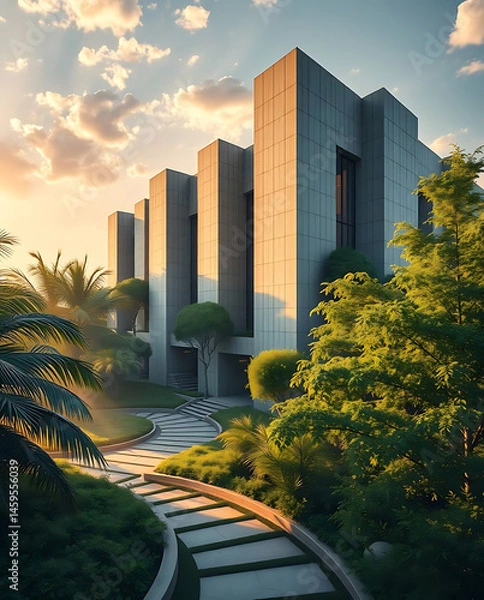 Obraz modern brutalism building with lush greenery, created by generative ai
