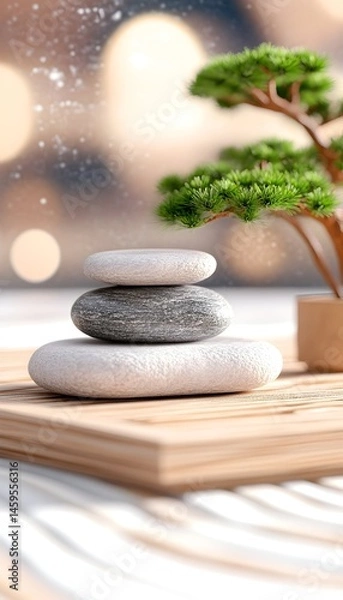 Fototapeta Serene Zen garden scene with stacked stones and miniature tree