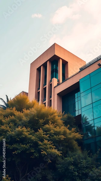 Obraz modern brutalism building with lush greenery, created by generative ai