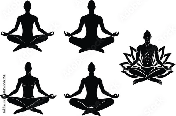 Obraz Set of sitting yoga silhouette vector illustration on white background.