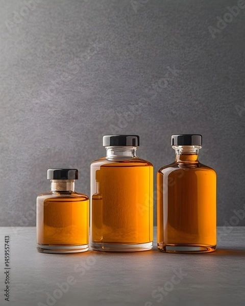 Fototapeta Three amber glass bottles of varying sizes, showcasing a rich, golden liquid, sit on a gray surface against a muted background
