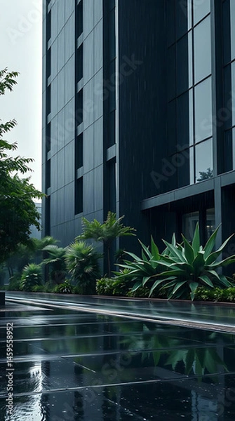 Fototapeta modern brutalism building with lush greenery, created by generative ai