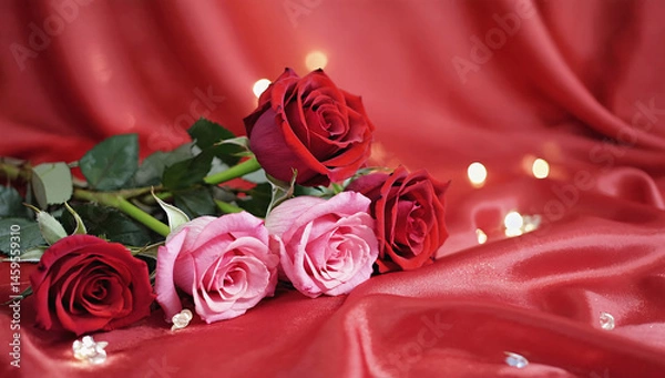 Fototapeta Valentine's feel, there are roses lying on a red cloth with a blurred background of lights, medium shoot