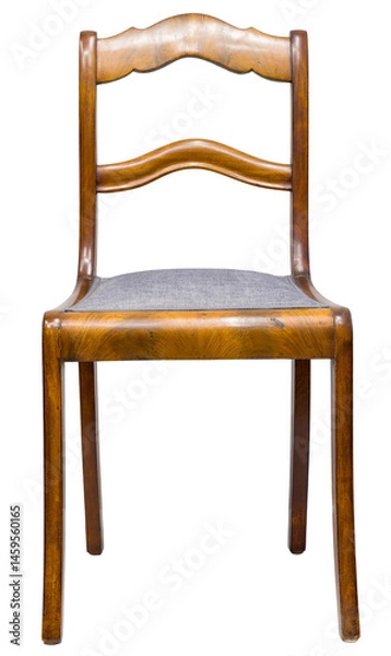 Obraz This wooden chair features a classic design with a smooth finish and a fabric seat. It is set against a neutral backdrop, highlighting its craftsmanship and form.