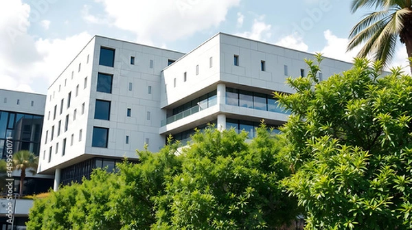 Obraz modern brutalism building with lush greenery, created by generative ai