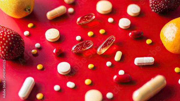 Obraz Various vitamins and supplements scattered on vibrant red surface with fruits