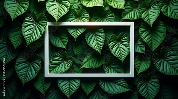 Fototapeta Lush Green Leaves with White Frame: A Serene, Nature-Inspired Photo Featuring Rich Foliage Texture and Minimalist Contrast for a Fresh, Modern Look