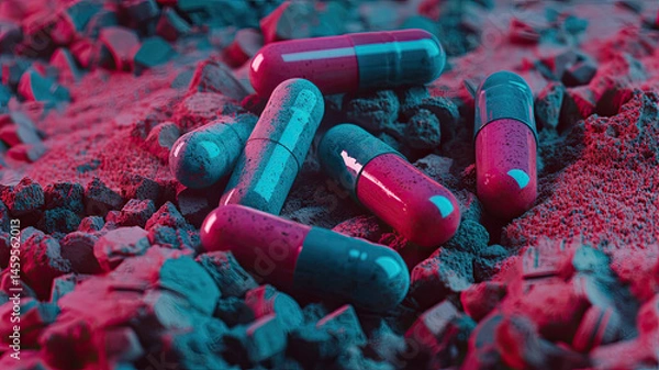 Obraz Colorful capsules on rocky surface with dramatic lighting, evoking futuristic mood