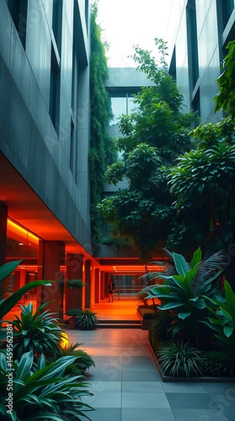 Obraz modern brutalism building with lush greenery, created by generative ai