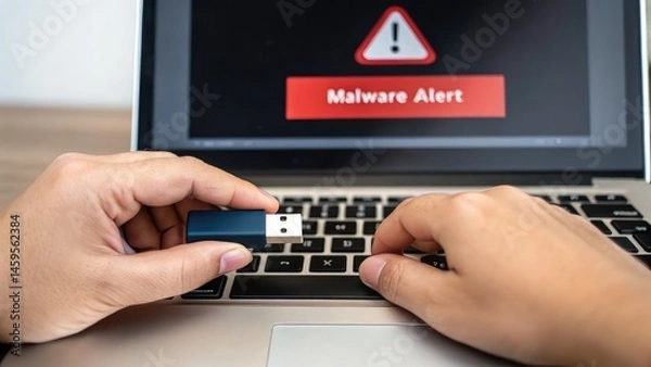 Fototapeta graduation ceremony stage family. Hands inserting a USB drive into a laptop displaying a malware alert, highlighting cybersecurity concerns.
