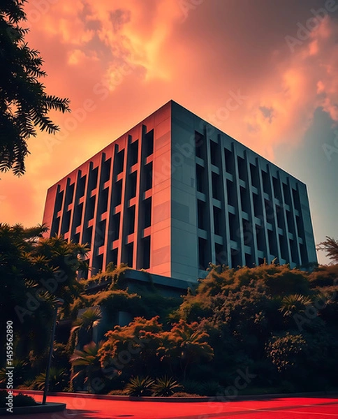 Obraz modern brutalism building with lush greenery, created by generative ai