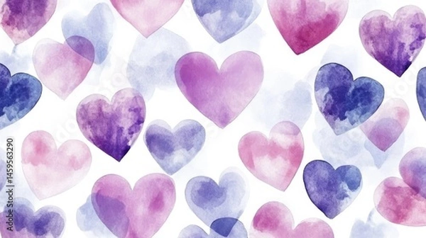 Fototapeta A pattern of various watercolor hearts in shades of red on a white background.