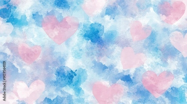 Fototapeta A pattern of various watercolor hearts in shades of red on a white background.