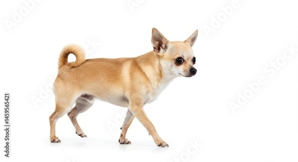 Fototapeta Adorable Chihuahua Dog Walking on White Background in Studio Portrait with Alert Expression and Small Size, Ideal for Pet Adoption Campaigns and Canine Breed Illustrations
