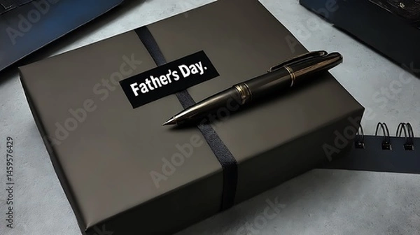 Obraz A father's day gift box with a pen on top and a black ribbon around the present box gift