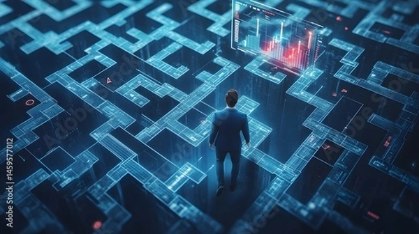 Fototapeta A man stands in a complex digital maze.