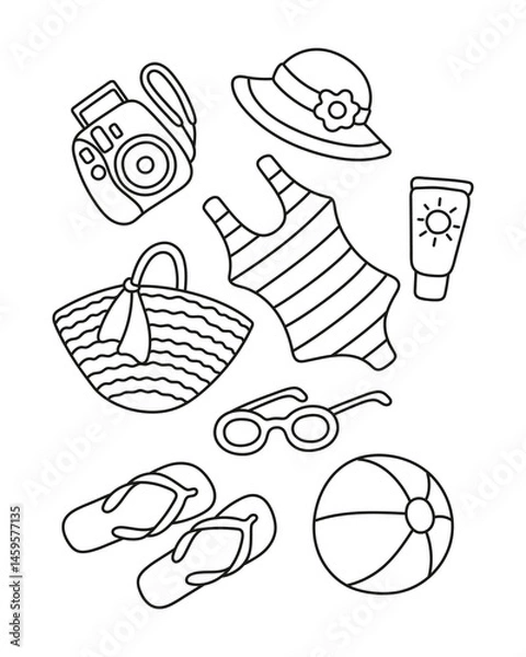 Obraz Beach set. Swimsuit, camera, bag, hat, ball, flip-flops. Coloring page.