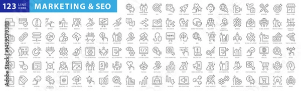 Fototapeta Digital marketing and SEO Outline Style Icons Set. Marketing & Search Engine Optimization Thin Line Vector icons collection. Website, Shop, Rating, Traffic Analysis, Creativity, Target, Keyword