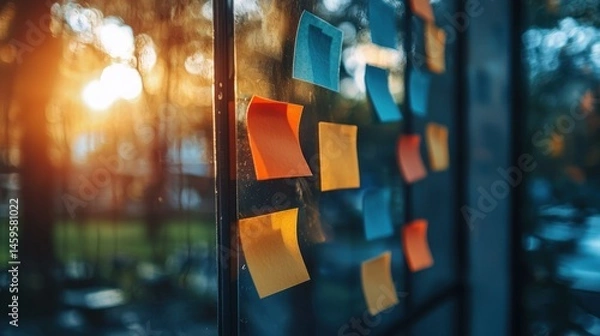 Obraz Colorful sticky notes on a glass surface, reflecting an outdoor scene