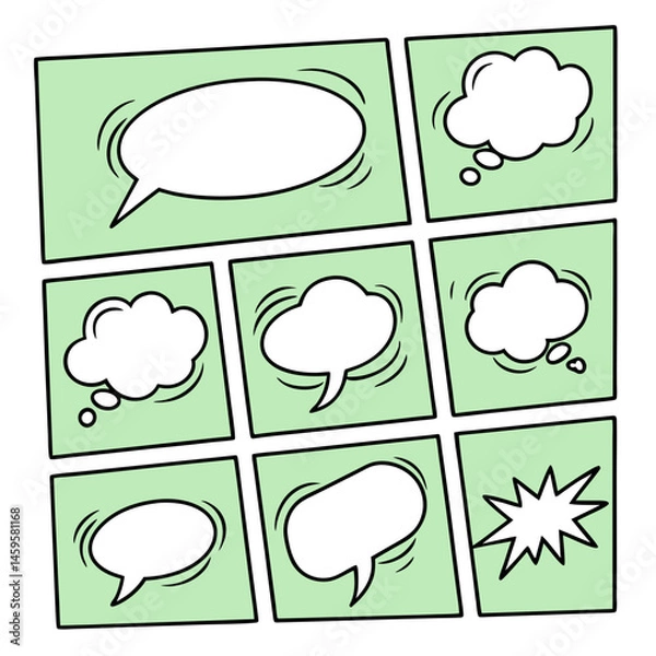 Fototapeta Blank Comic Speech and Thought Bubbles in Green Panel Grid