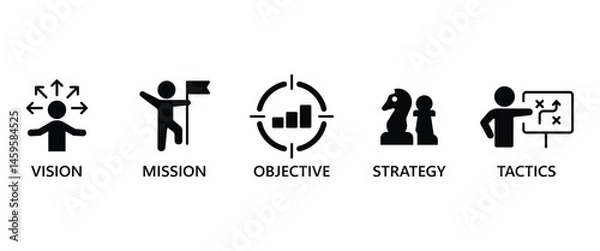 Fototapeta Flat icon set of VMOST Analysis stand for vision, mission, objectives, strategy and tactics banner. Vector illustration in transparent background. Business icon set.