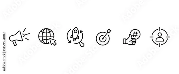 Fototapeta Simple Digital marketing icon set. Containing marketing, online advertising, objective, seo, social media and target icons. Vector illustration in transparent background. Business icon set. Editable