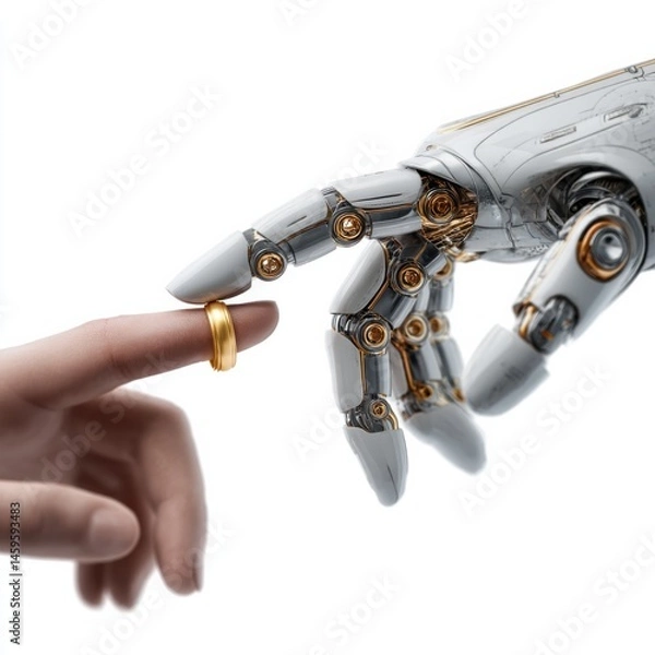 Obraz Robotic hand reaching for human finger with wedding ring in a symbolic union of technology and humanity