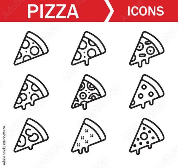Fototapeta Collection of pizza icons in line art style, featuring whole and sliced pizzas with various toppings, ideal for food, restaurant, and culinary-related digital projects.