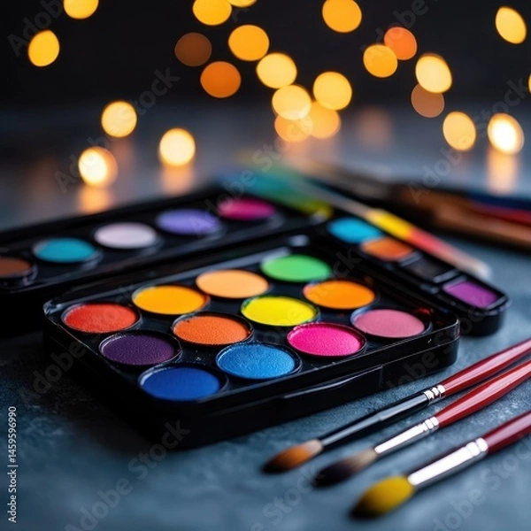 Obraz Bright watercolor paints and brushes on a table with blurred warm bokeh lights in the background.