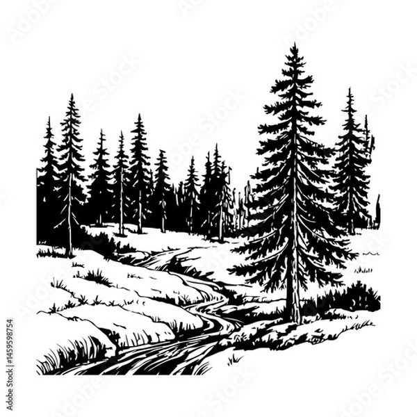 Fototapeta Rustic Pine Tree Forest Silhouette Nature Vector Graphic