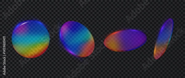 Fototapeta Glass plate set with holographic effect. Realistic transparent spherical acrylic glass iridescent with gradient texture. Flying colorful round disc or badge. 3d vector illustration
