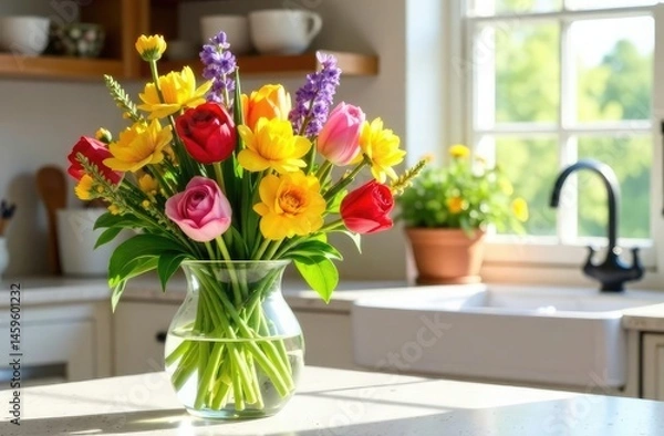 Fototapeta A bouquet of spring flowers in a glass vase stands on a kitchen countertop against the backdrop of a light kitchen with a French-style window. Business, space for text, interior, design, poster,banner