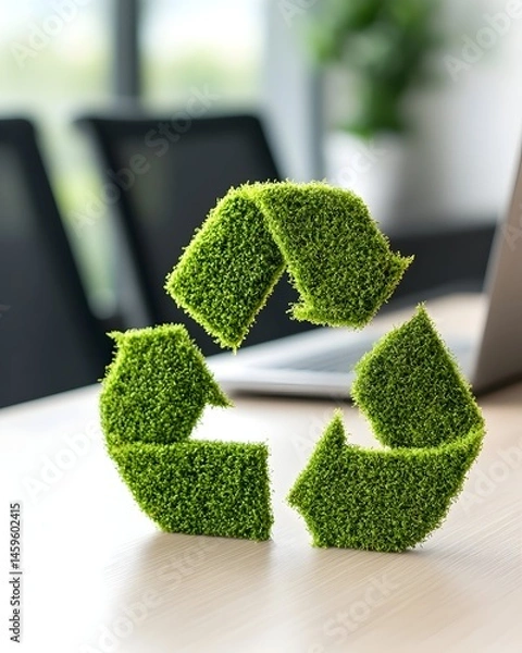 Fototapeta A lush green recycling symbol sits on a light wood table, in front of blurred office furniture, symbolizing eco-friendly practices