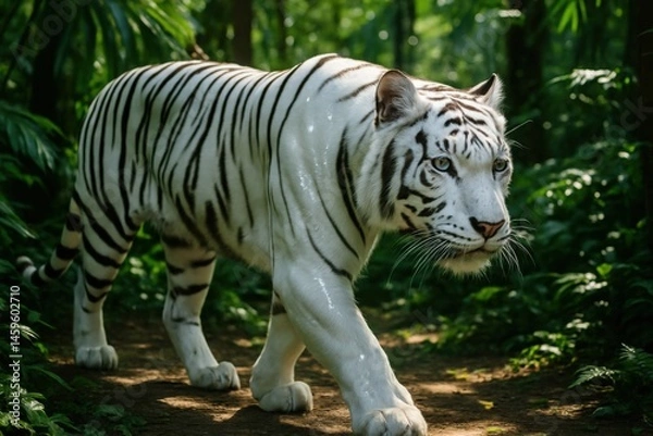 Obraz White tiger walking through lush jungle path with sunlight filtering across foliage and tall green trees in natural habitat

