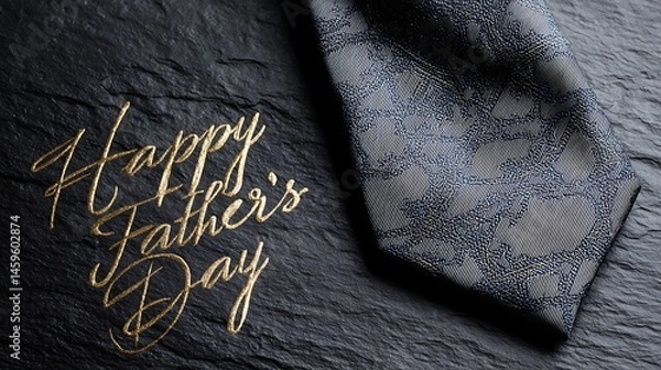 Obraz Close up of a patterned tie beside a golden happy father's day inscription on dark stone