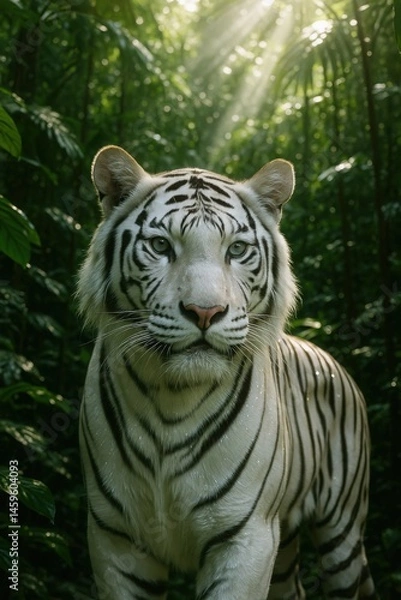 Obraz White tiger standing in dense jungle under green canopy with direct eye contact and sunlight filtering through tropical leaves

