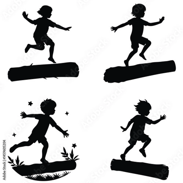 Fototapeta Boy Silhouette Running On Log Vector Illustration In Different Poses And Environments