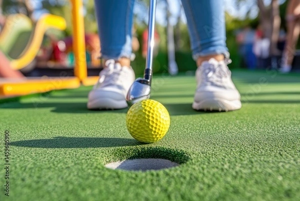 Fototapeta A person's feet and lower legs, wearing casual clothes and shoes, are preparing to putt a yellow golf ball into a hole on a miniature golf course