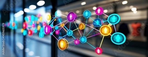 Fototapeta Customer journey touchpoints. Digital Screen Displaying Multiple Stages of Customer Journey with Colorful Icons and Connections