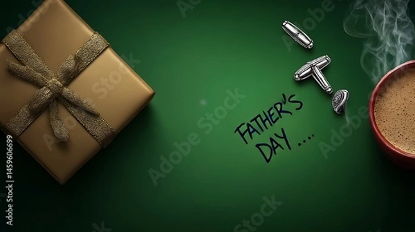 Obraz A father's day themed image featuring a gift box cufflinks and a cup of coffee on a green surface