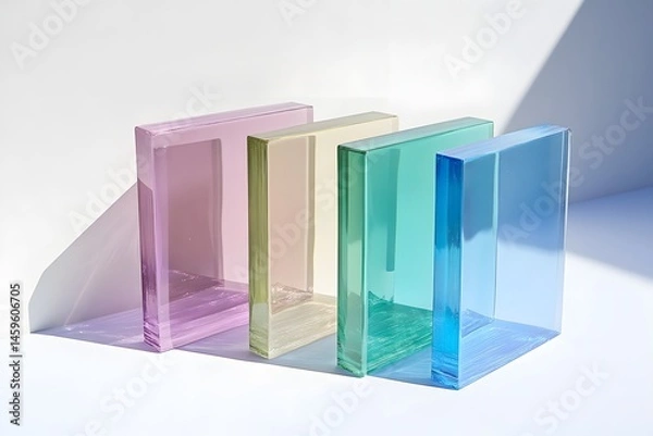 Fototapeta 4 glass acrylic bookends in different colors, with a minimalistic design, on a white background. The colors are green, blue, pink, and purple