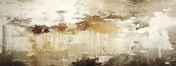 Fototapeta Aged, weathered wall with streaks of discoloration and peeling paint.  Abstract texture in muted tones of beige, brown, and white